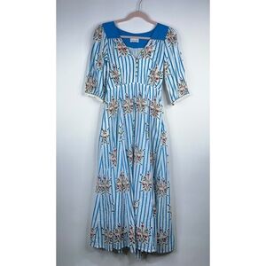 Daydress Zita Dress Blue White Block Print Midi Dress Brocante Stripe Floral XS